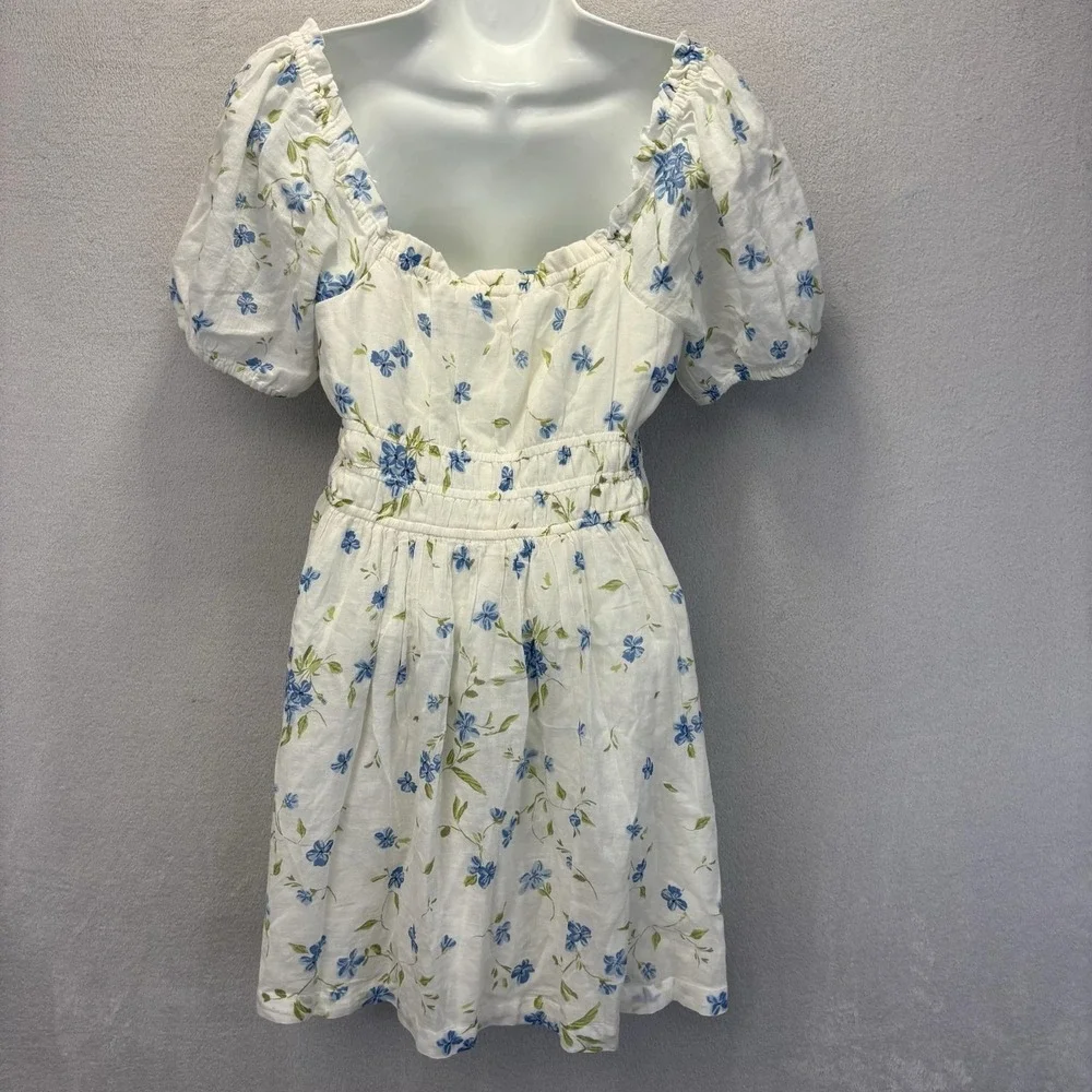 BP. Floral Milkmaid Sundress Womens Medium M White Blue Puff Sleeve Lightweight‎